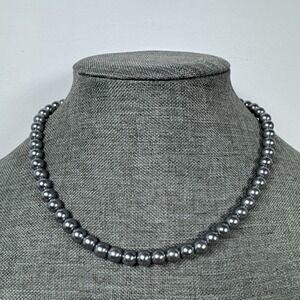 Vintage Gray Faux Pearl Acrylic Round Bead Classic Necklace Sign Korea 16 inch